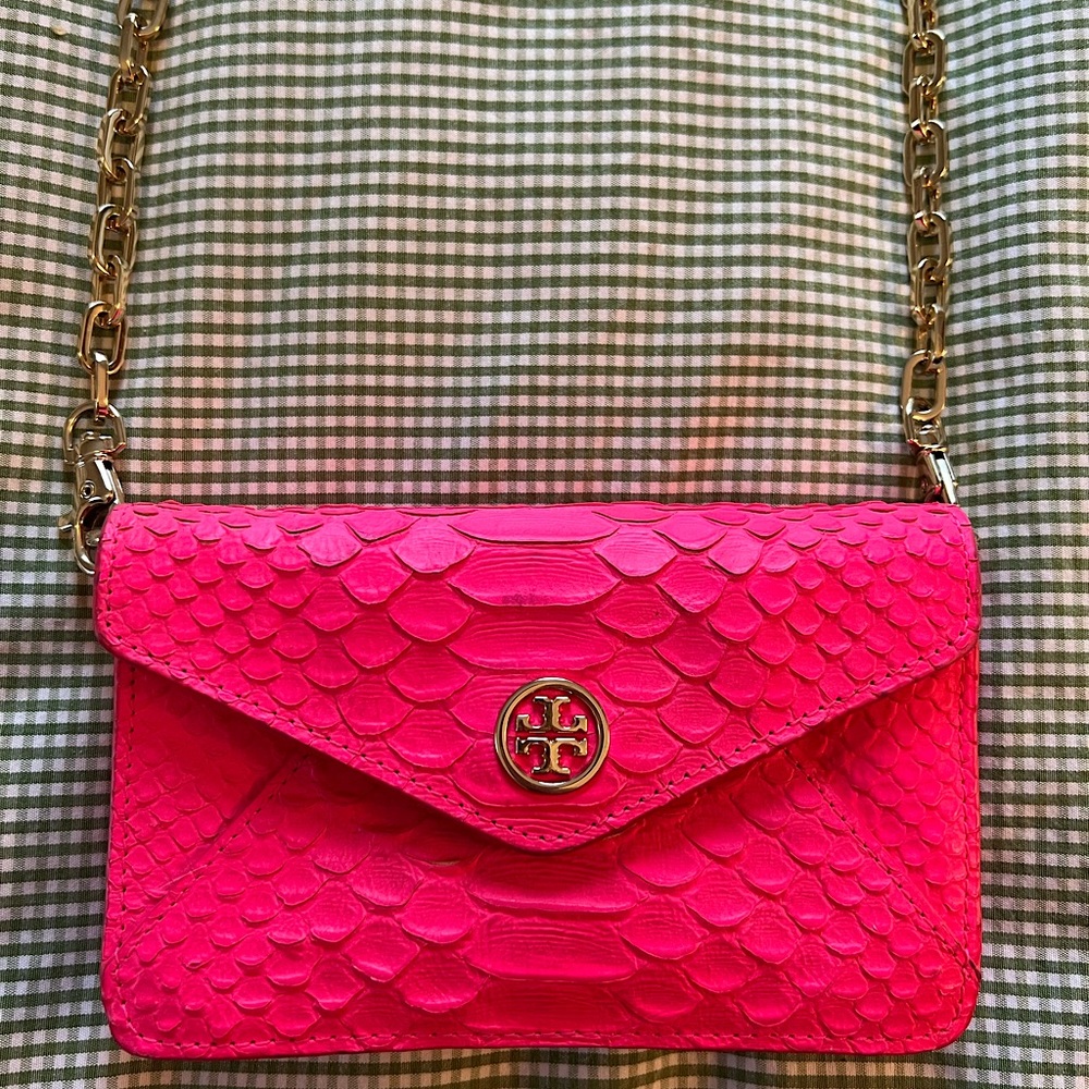 Tory Burch Neon Pink Python Embossed Leather Crossbody